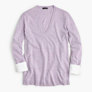 NWT J.CREW V-Neck Wool Pullover Tunic Long Sweater Purple White Shirt Cuffs XS